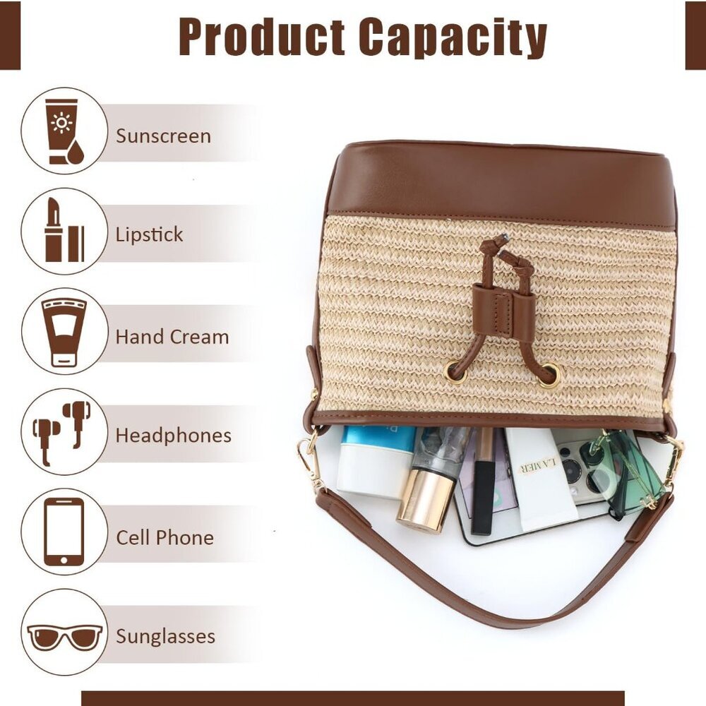 Stylish Drawstring Straw Handbag With Detachable … - image 5